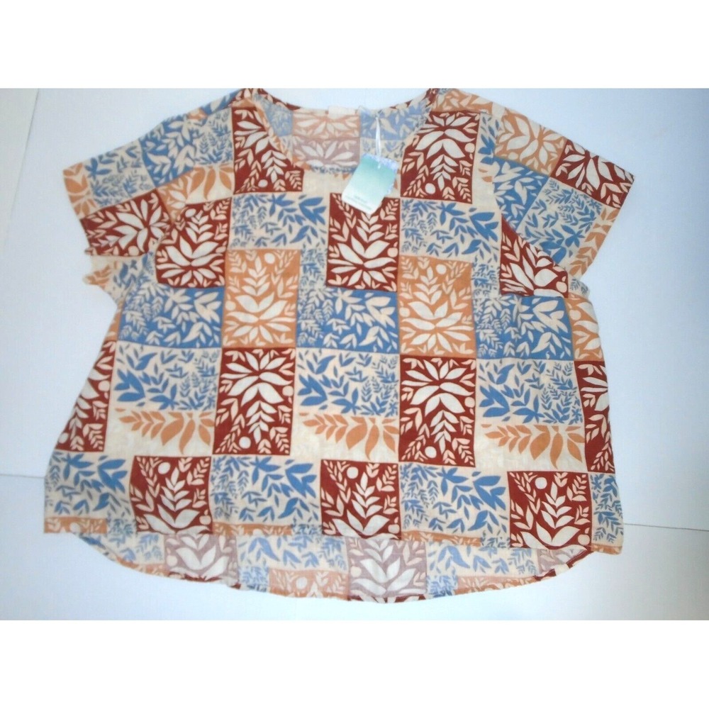 Sigrid Olsen 3X Roomy 100% Linen Tunic Popover Short Sleeve Top Blouse Floral - Picture 3 of 5